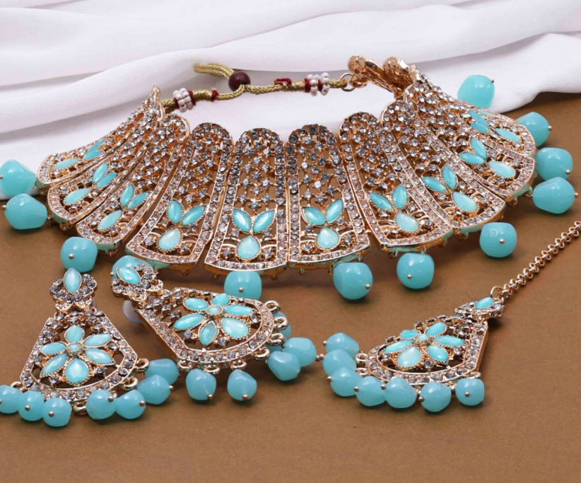 JEWELRY FOR KURDISTAN CLOTHES  002 Rose Gold Plated Austrian Stone Choker Necklaces Set, Fashion Chokers Necklaces, Rose Gold Traditional Floral Design Jewelry Set